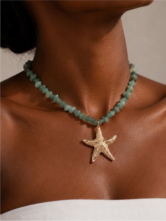 Jewelry - New! Coastal Green Beaded Gold Starfish Necklace NWOT